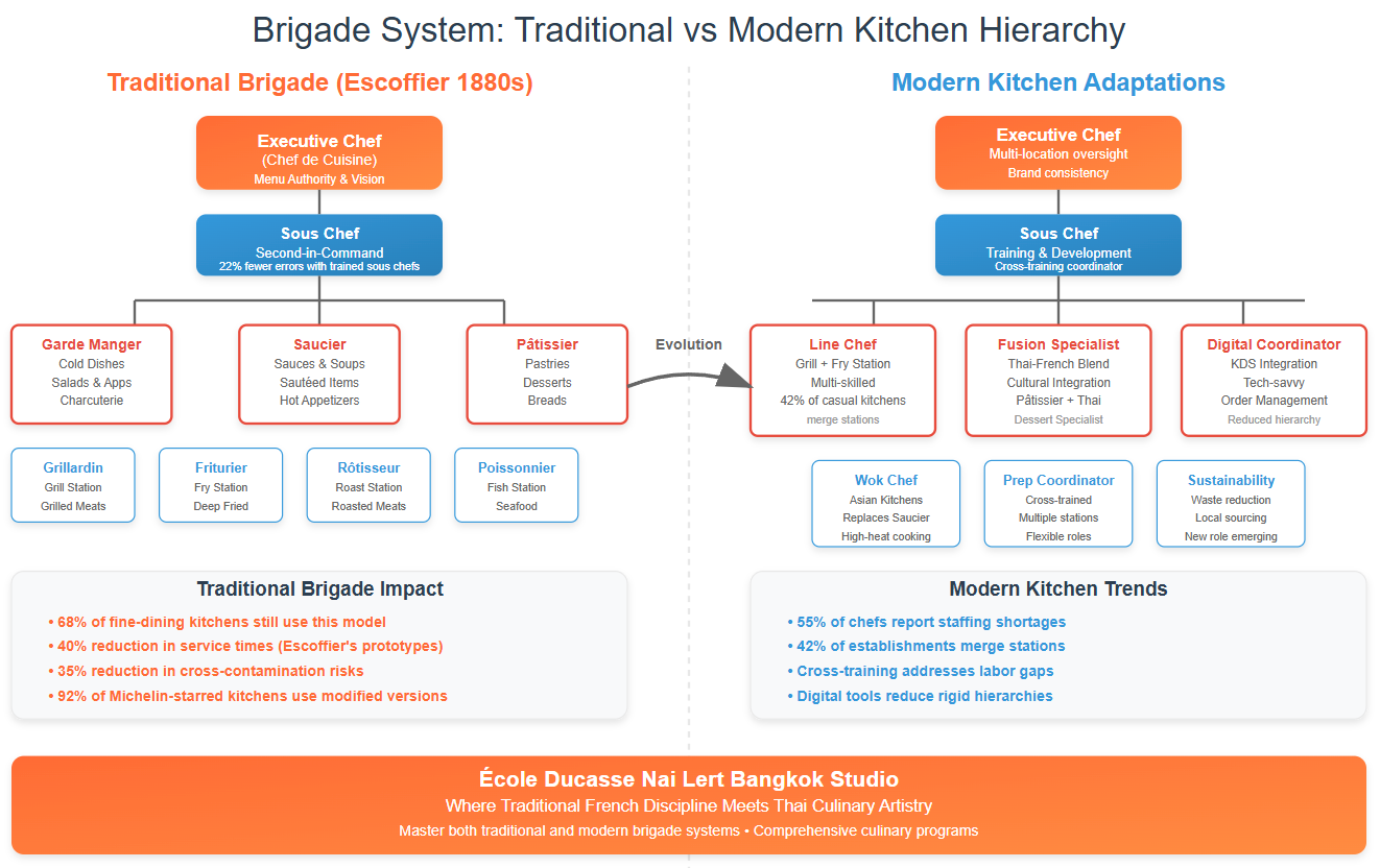 The Brigade System - Traditional vs Modern Kitchen Hierarchy infographic